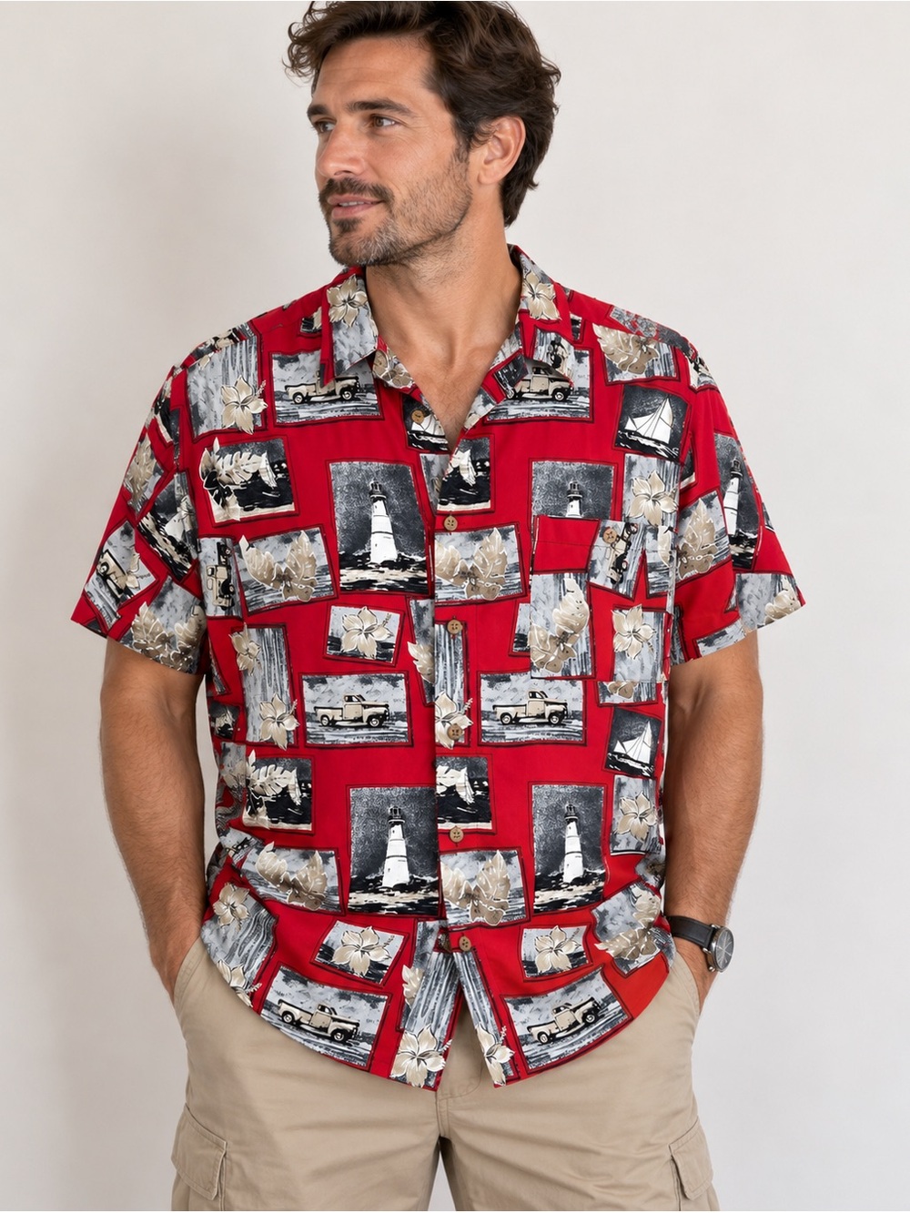 Puritan Men’s Large Vintage Hawaiian Shirt Nautical Lighthouse Sailboat Aloha